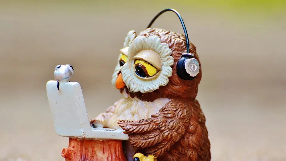 Toy owl writing on a computer. Photo.