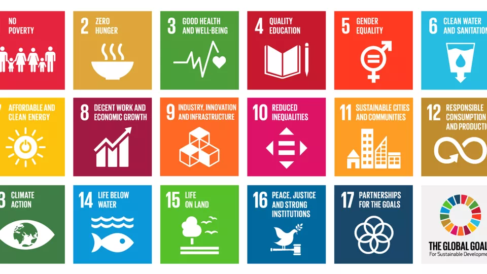 Illustration som visar FN:s 17 globala mål. 