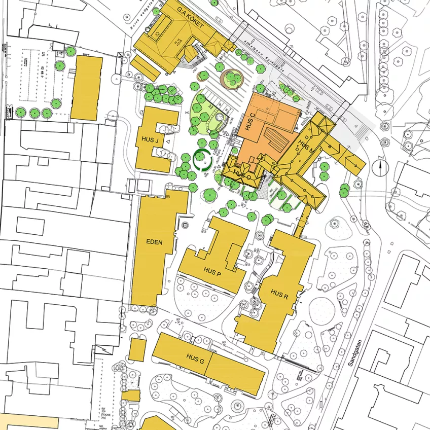 Kartskiss som visar kvarterets Paradis nuvarande och tilltänkta byggnader.