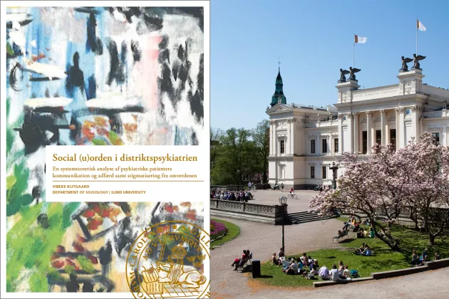 En bild på framsidan av Vibekes avhandling och en bild på Lunds universitets huvudbyggnad. Collage.