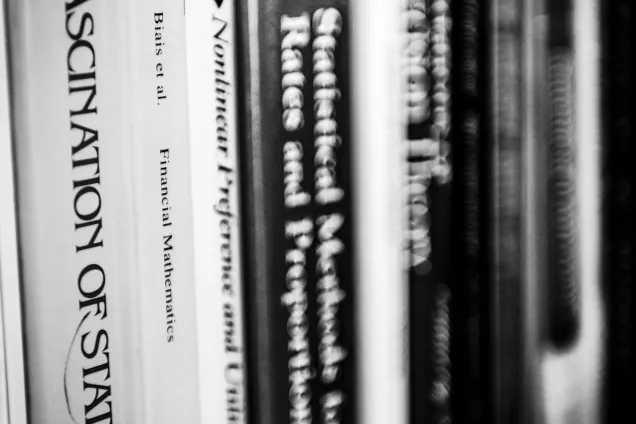 Böcker i rad på en bokhylla. Foto.