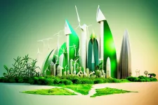 A futuristic AI generated image of a city in the Gulf with buildings intermeshed with windmills and green leaves