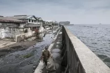 En person står framför en tidigare översvämmad stad. Foto.