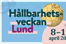 Illustration där det står Hållbarhetsveckan Lund 8-13 april 2024. I bakgrunden syns en planet, två kugghjul och ett bi.