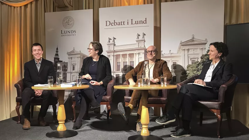 Foto från Debatt i Lund med David Alcer, Kimberly Nicholas, Daniel Lindvall och Jessica Jewell.
